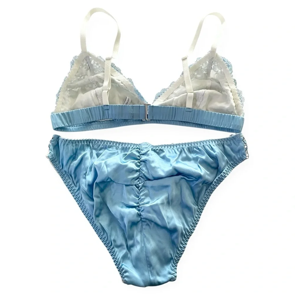 Angela Friedman London Silk Lace Bra and Panty set powder blue floral satin new